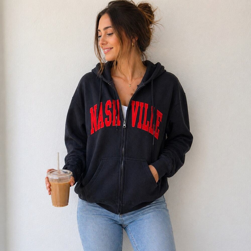 New York Popular Nashville Black Graphic Zip Up Hoodie Sweatshirt Sz S